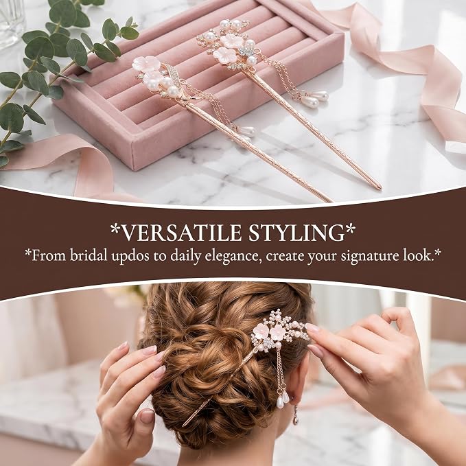 2 Pcs Rhinestone Pearl Flower Hair Stick Chinese Hair Chopsticks Vintage Tassel Hair Pin Chignon Pin Hair Styling Making Accessories for Women