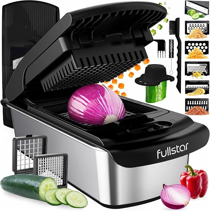 Fullstar Pro Original Vegetable Chopper & Mandoline Slicer Kitchen Gadget | 8 in 1 Veggie Slicer, Onion & Fruit Cutter with Sharp Stainless Steel Blades & Container (Stainless Steel)