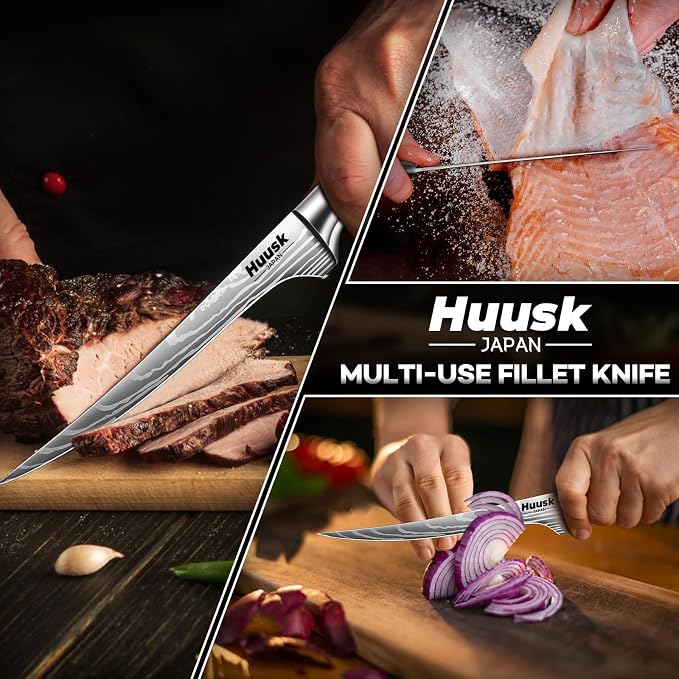 Huusk Fillet Knife for Meat with Wood Handle, Flexible Filet Knife for Fish | 7 Inch Japanese Stainless Steel Boning Knife for Chicken & Meat Processing, Comfortable Grip Handle, Gifts for Men
