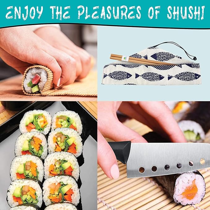 Sushi Making Kit, 22pcs Roller Maker for Beginners With Guide Book, Bazooka, Knife, Mat, Avocado Slicer, Chopsticks, Sauce Dishes & More - Sushi Lover's Gift