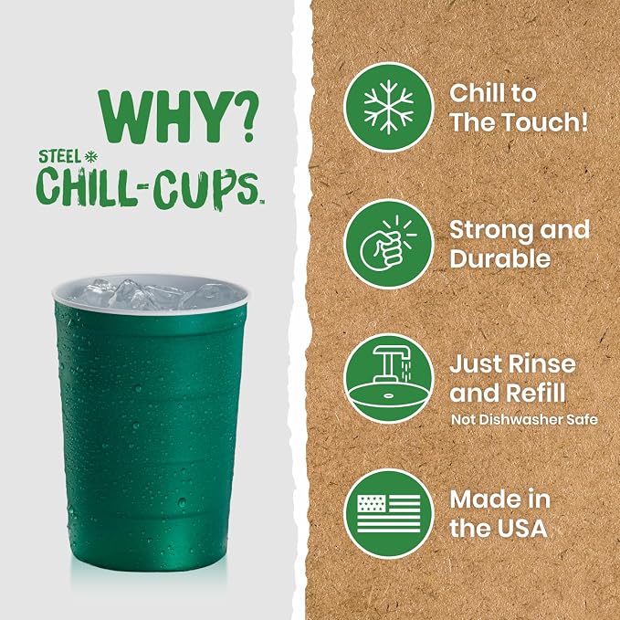 Steel Chill Cups 16 oz. Durable & Reusable Party Cups, Green, 180 Count | Made in USA from Steel these durable cups chill fast & keep your drink cold for longer, 100% recyclable for sustainablity