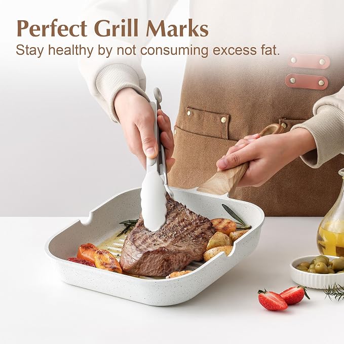 SENSARTE Nonstick Ceramic Grill Pan with Lid, Grill Pan for Stove Tops, Square Grilling Pan with Pour Spouts, Durable Grill Skillet for All Stoves, Steak Bacon Pan, Non Toxic PTFE,PFAS,PFOA Free