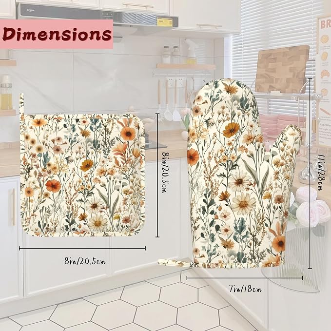 Vintage Flowers Silicone Oven Mitts and Pot Holders,Boho Heat-Resistant 4 Piece Kitchen Set Non-Slip Oven Gloves and Hot Pads for Cooking, Baking, Grilling,BBQ