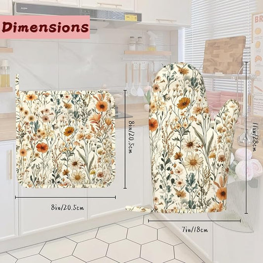 Vintage Flowers Silicone Oven Mitts and Pot Holders,Boho Heat-Resistant 4 Piece Kitchen Set Non-Slip Oven Gloves and Hot Pads for Cooking, Baking, Grilling,BBQ