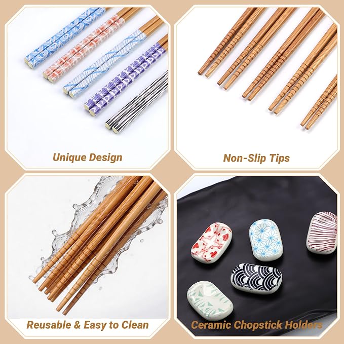 Antner 5 Pairs Reusable Bamboo Chopsticks and 5PCS Ceramic Rests Set, 8.8 Inch Classic Japanese Style Chopsticks with Holders for Sushi Ramen Asian Cuisine, Non-Slip, Black Elegant Gift Box