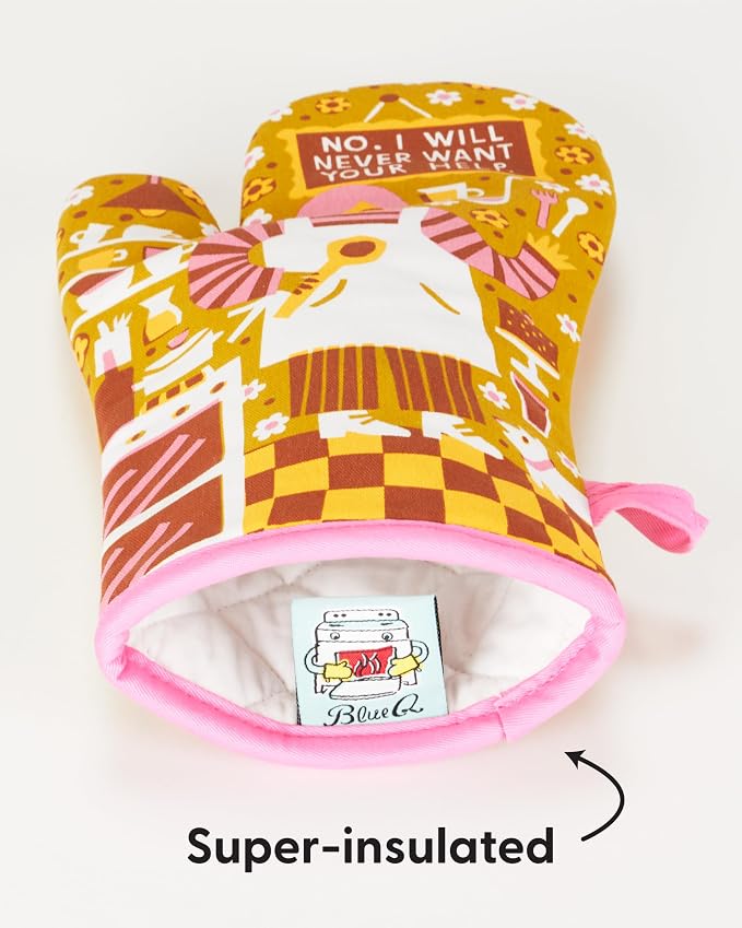 Blue Q No. I Will Never Want Your Help. Funny Oven Mitts - Cute Oven Mitts, Home Kitchen Gifts, Cooking Accessories, Super-Insulated Quilting, Natural-Fitting Shape, 100% Cotton, Size 12.5"L x 7.5"W