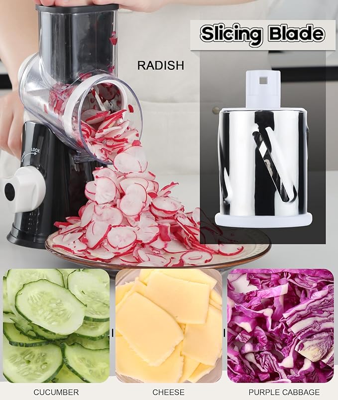 Ourokhome Rotary Cheese Grater Hand Crank, Kitchen Shredder Speed Mandolin Slicer Nuts Grinder with Handle and Drum Blades for Cheese, Vegetable, Walnut, Chocolate, Potato, Carrot, 3 Blades, Black