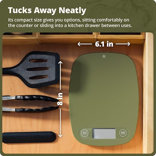 Greater Goods Food Scale – Digital Kitchen Scale, 1g Precision, Easy-Tare & Quick Conversion, Slim Compact Design, Durable & Portable | Ideal for Cooking, Baking & Meal Prep (Moss Green)
