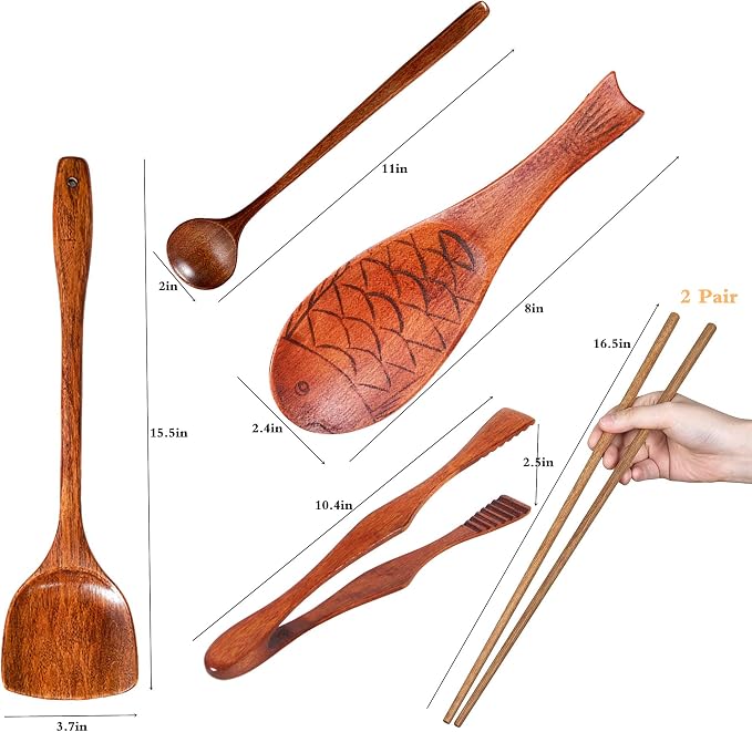 Wok Utensils Wooden Cooking Utensils Tools 6 PCS Wooden Spatula, Barbecue Tongs,Wok Shovel, Cooking chopsticks,Long Spoons,Nanmu Fish Shaped Rice Spoon Accessories