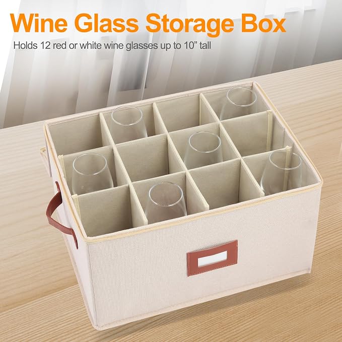 Stemware Storage Cases 2 Pack, Wine Glass Storage Box with Dividers for 24 Glassware or Crystal, Moving Supplies, China Storage Containers, Hard Top, Sides and Stackable (Beige)