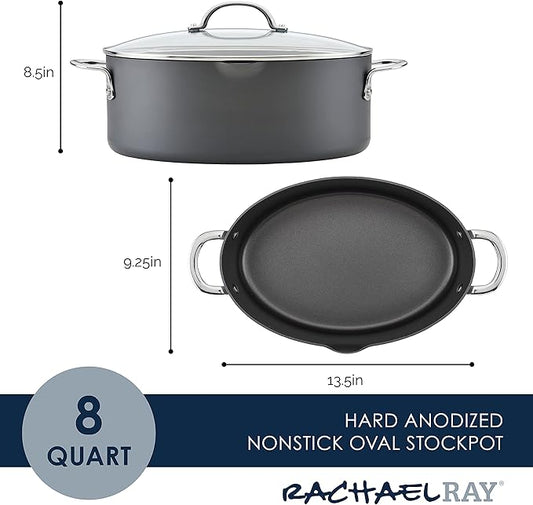 Rachael Ray 80090 Professional Hard Anodized Nonstick Cookware Oval Pasta Pot/Braiser, 8 Quart - Gray