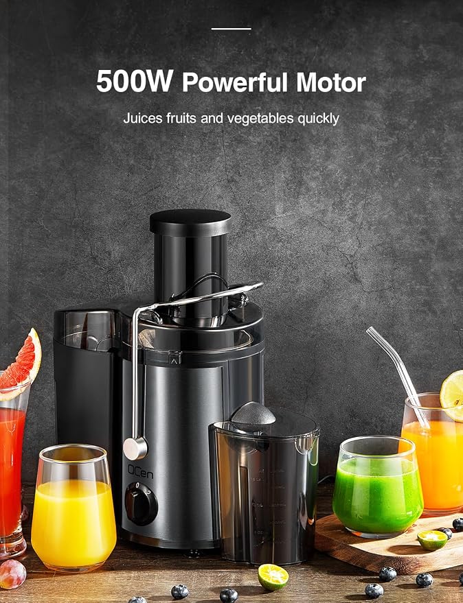 QCen Juicer Machine 500W Centrifugal Juicer with Extra Wide Feed Chute | For Fruits And Vegetables, Stainless Steel, BPA-Free Parts, Easy To Clean, Metallic Black, Countertop Juicer