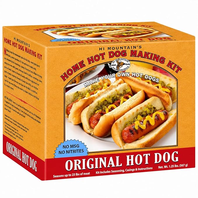 Hi Mountain HOT DOG Kit | Makes up to 23 lbs | Complete hot dog making kit with, seasoning, natural hog casings & directions. Perfect for pork, beef, venison, deer, & elk