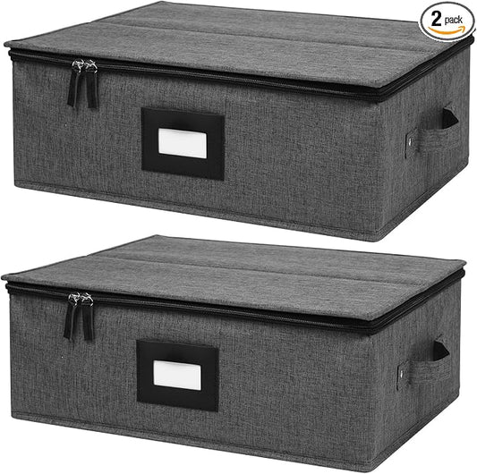 Mug Storage Box with Dividers 2 Pack, Hard Top Cup Storage for Coffee Mug | Stackable Coffee Mug Storage Box with Zipper Lid & Rivet Reinforced Handles (17"L x 13"W x 6" Black)