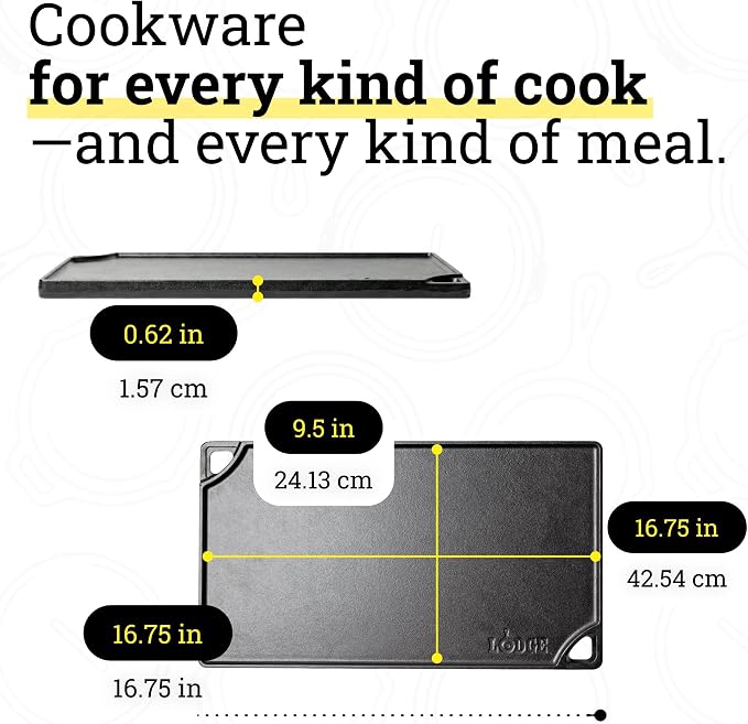 Lodge Reversible Cast Iron Grill/Griddle Pan 16.75 x 9.5 - Pre-Seasoned Dual-Sided Double Burner for BBQ, Eggs, Pancakes, Burgers - PFAS Free Cookware - Flat Top Plate for Oven, Grill, & Campfire
