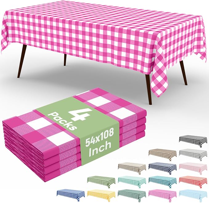 4 Packs Buffalo Disposable Table Cloth, 54 x 108 Inch Waterproof Plastic Tablecloth, Rectangle Hot Pink and White Checkered Table Covers for Picnic, Birthday, Party, Back to School