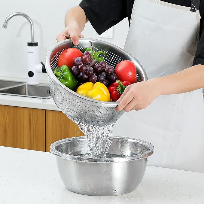Paoli 304 Stainless Steel Fine Mesh Colander Set, 4.5QT Large Capacity Strainer with Mixing Bowl — Rinse Fruits, Veggies, Rice & Drain Pasta, Dishwasher Safe (2-Piece)