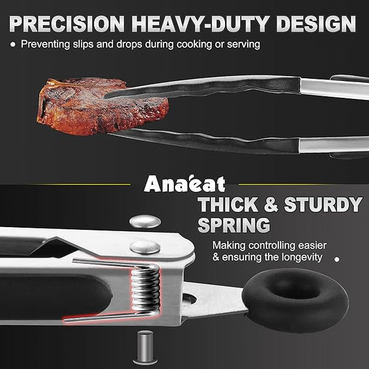 Anaeat Non-Stick Silicone Locking Tong Set of 3 - Stainless Steel 7, 9 and 12 inch Kitchen Food Tongs with Non-Slip Silicone Tips and Grip for Cooking, Baking and BBQ - Heavy Duty & Heat Resistant