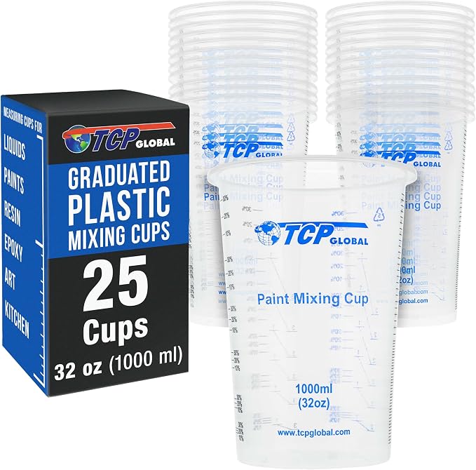 TCP Global 32 oz. (1000ml) Graduated Plastic Mixing Cups (Box of 25) - Disposable Plastic Measuring Cups for Liquids, Paints, Resin, Epoxy, Art, Kitchen - Ratios 2-1, 3-1, 4-1 ML