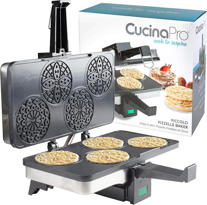 Piccolo Pizzelle Baker, Non-Stick Electric Press Makes 4 Mini Cookies | Even Heating Plates, Fun Baking Machine with Recipe Guide, Brunch Party Supplies, Italian Waffle Dessert Treat, Gift for Her