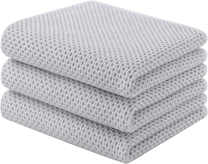 Homaxy 100% Cotton Waffle Weave Kitchen Towels, 3-Pack, Light Gray | 13 x 28 Inches, Ultra Soft Absorbent Dish Towels, Quick Drying Cleaning Towels