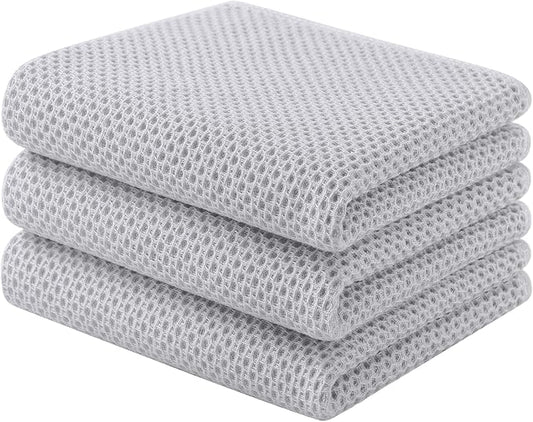 Homaxy 100% Cotton Waffle Weave Kitchen Towels, 3-Pack, Light Gray | 13 x 28 Inches, Ultra Soft Absorbent Dish Towels, Quick Drying Cleaning Towels