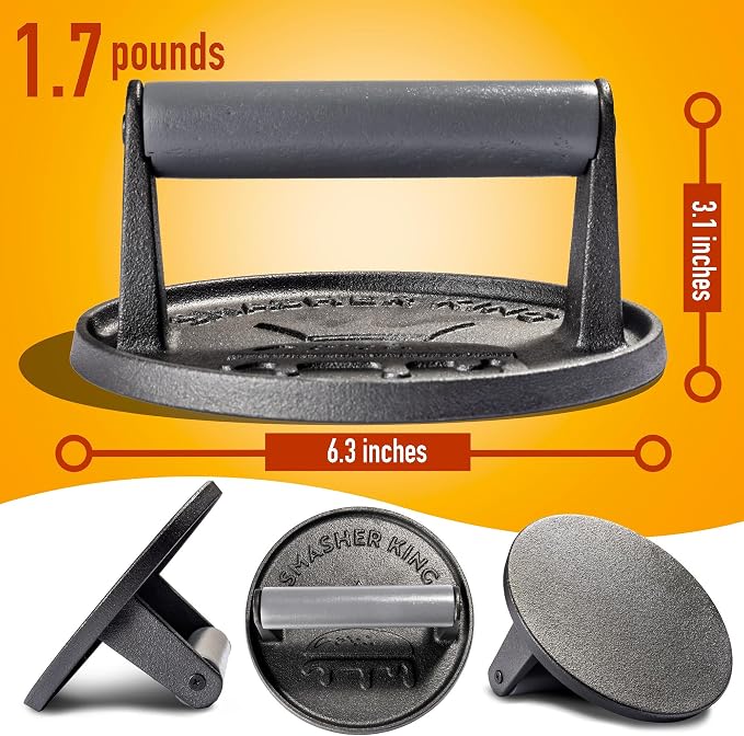 SMASHER KING™ - Smash Burger Press - Cast Iron Burger Smasher | Hamburger Patty Maker - Smash Burger Kit With 25 Sheets Of Paper - Grill Press And Steak Weight And Heavy Meat Smasher