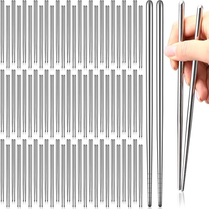Honeydak 100 Pairs Metal Chopsticks Bulk 8.2 Inch Reusable Stainless Steel Chopsticks Dishwasher Safe Non-slip Lightweight Korean Cutlery Set Individually Wrapped Classic Style for Dinner Restaurant