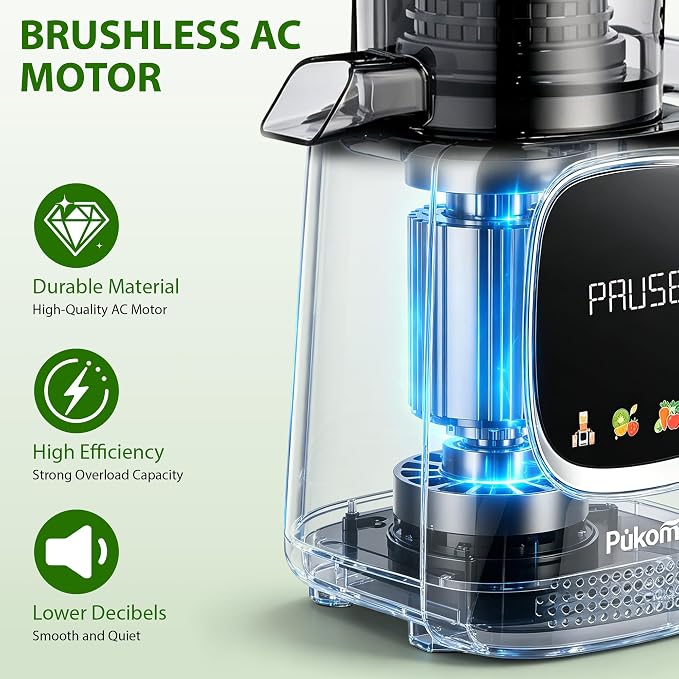 Pukomc Cold Press Juicer with Smart Display and Brushless Motor, | 5.3" Wide Mouth Feed Chute, 300W High Power Slow Masticating Juicer, Whole Vegetables & Fruits Juicing, Easy to Use and Clean