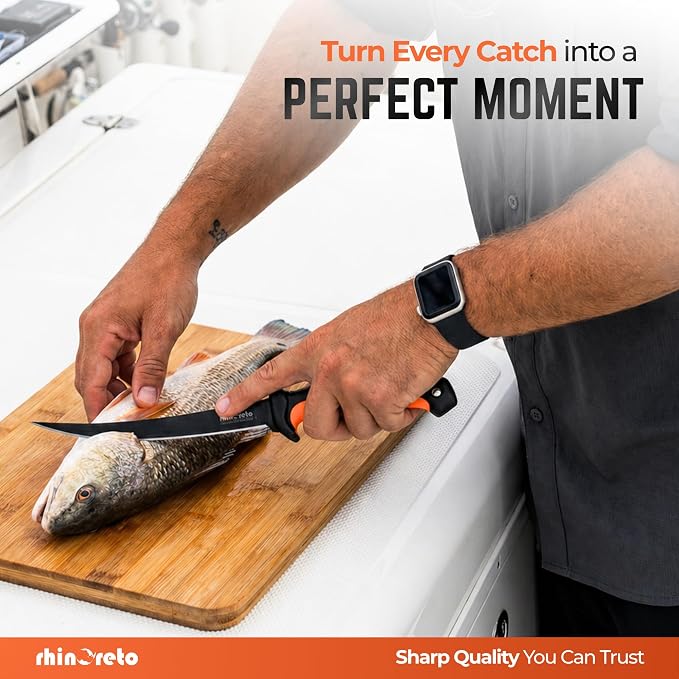 Rhinoreto Fillet Knife for Fish - Razor Sharp G4116 German Stainless Steel Blade, 6.5 Inch Professional Filleting & Boning Knife with Non-Slip Handle, Protective Sheath & Sharpener