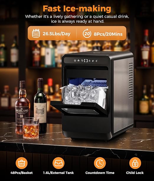 Clear Ice Cube Maker - 8 Crystal 1.2" Large Jelly Ice in 20Mins, 24H Timer, Full Bin &Water Shortage Alert, Self-Cleaning, with 10 Adjustable Ice Sizes for Home Whiskey, Cocktails, and Bourbon