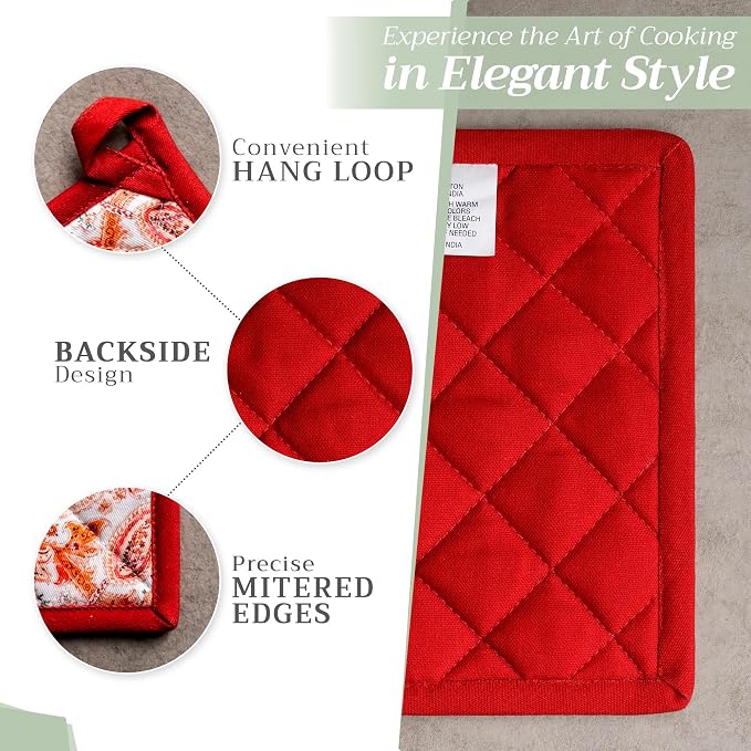 Maison d' Hermine Pot Holders 100% Cotton Potholders (8" x 8", Pack of 1) | Heat Resistant Hot Pads with Loop BBQ Cooking Baking Hotel Kitchen Handling Hot Pans Thanksgiving Christmas - Orient