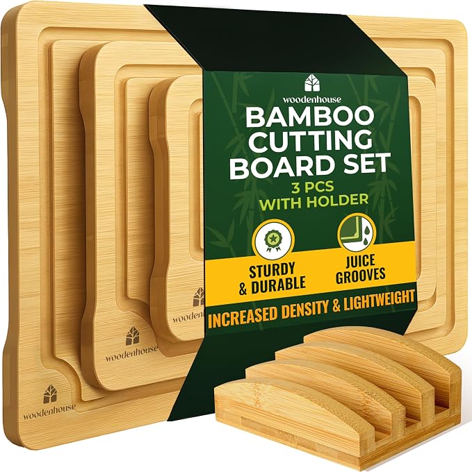 Bamboo Cutting Boards for Kitchen, Set of 3 with Holder & Juice Grooves | Thick & Durable with Built-in Handles, Large Surface – Easy to Clean for Meat, Veggies & Fruit