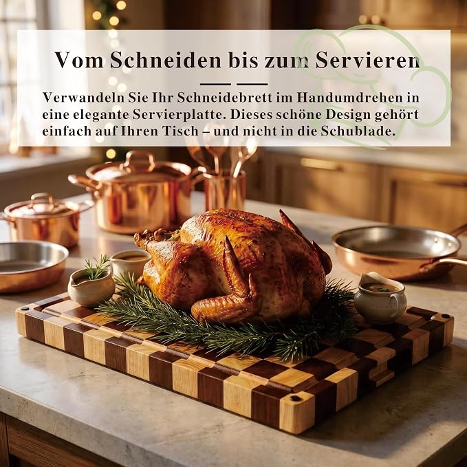 Checkered End Grain Cutting Board with Juice Groove & Handle | 17" x 12" x 1.2" Thick | Acacia & Rubber Wood | Reversible End Grain | Juice Groove | Meat, Bread & Vegetable Prep