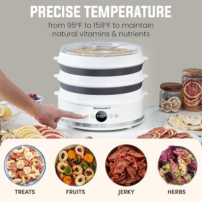 Elite Gourmet EFD329WD Digital Food Dehydrator, 5 SlimStore Trays, White | Adjustable timer & temp controls - BPA-free collapsible trays, compact storage - makes jerky, herbs, fruit, veggies & snacks