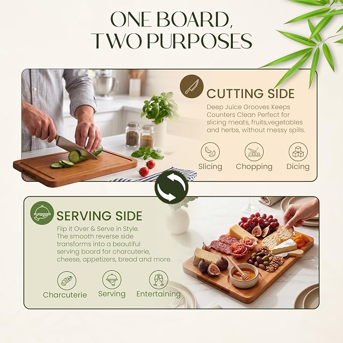 3-Piece Bamboo Cutting Boards - Groove, Handles, 15/12/9" - Carbonized | Bamboo boards with elegant dark finish, reversible prep and serving surfaces
