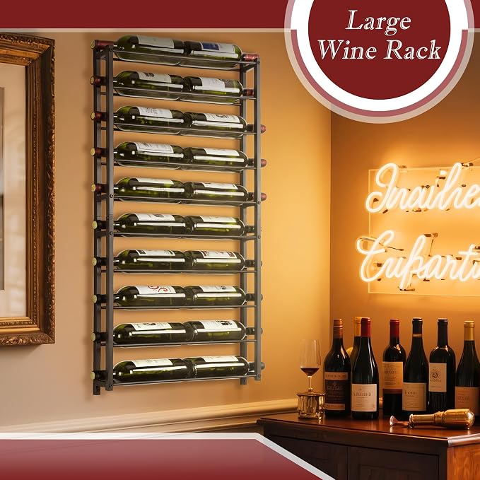 Wine Rack Wall Mounted: 20 Bottle Capacity Storage - 3.7'' Extra Wide Slots | Heavy Duty for Champagne & Magnum - Professional Grade for Wine Collectors - Rust-Resistant Matte Black Metal