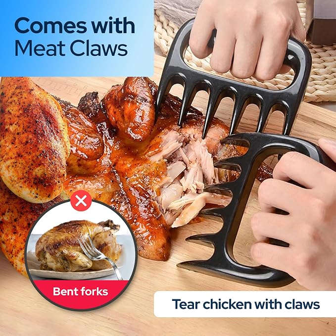 3 Layer Pro Chicken Shredder with Removable Tray, Meat Claws, Brush - 10'' Chicken Breast Shredder Tool Twist, Meat Grinder Machine, Meat Shredder, Anti-Slip - For Chicken Beef Pork Veg