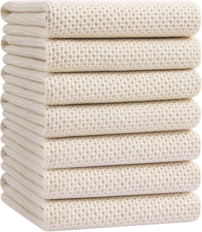 Homaxy 100% Cotton Oversized Waffle Weave Kitchen Towels, 7-Pack, Beige | 20 x 28 Inches, Ultra Soft Absorbent Dish Towels, Quick Drying Large Cleaning Towels