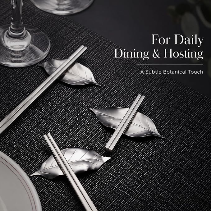 ChezMax Pack of 5 Zinc Alloy Chopsticks Spoon Forks Knives Tableware Rest Set, Leaves