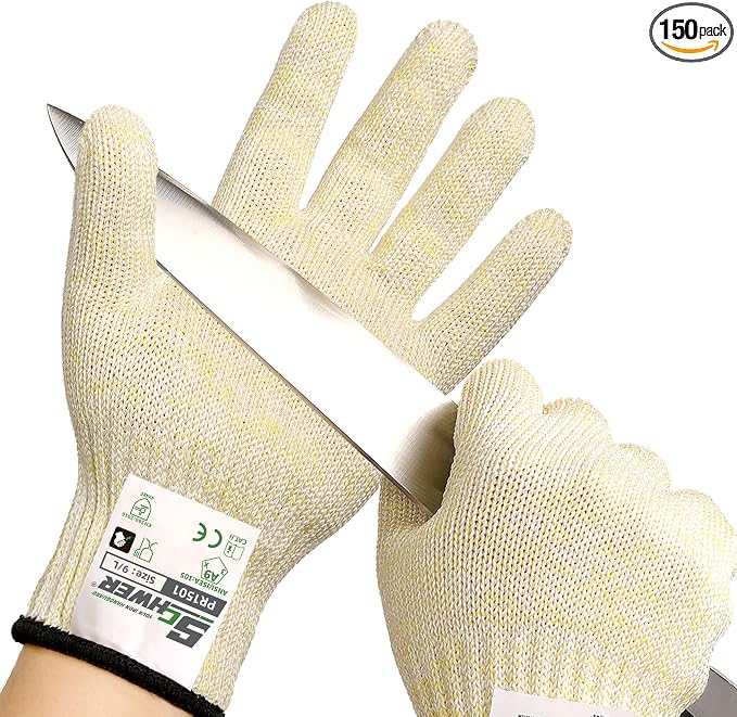 Schwer SlicePro ANSI A9 Cut Resistant Gloves, Food Grade Cutting Gloves for Kitchen Food Prep, Mandoline Gloves for Meat Cutting, Oyster Shucking, Fish Fillet Processing, PR1501, 150 Pairs, L