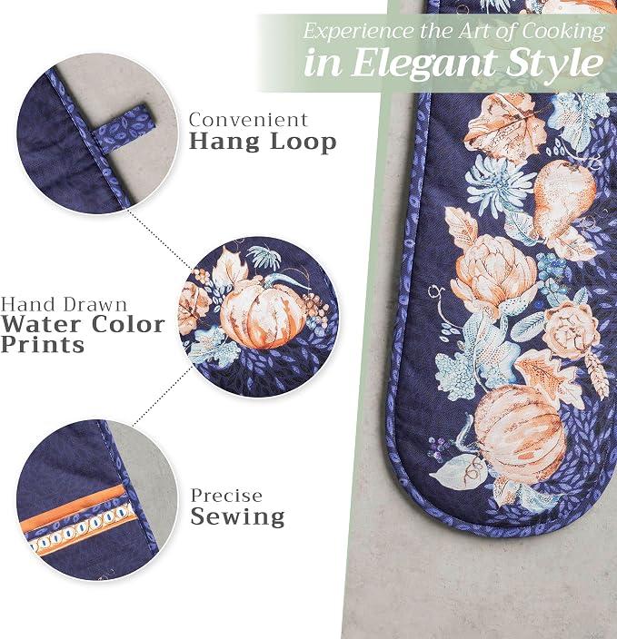 Maison d' Hermine Double Oven Mitts 100% Cotton Double Oven Glove (7"x35") | Heat Resistant BBQ Cooking Gloves with Loop Baking Kitchen Home Hotel Farmhouse Thanksgiving Christmas - Pumpkin Blues