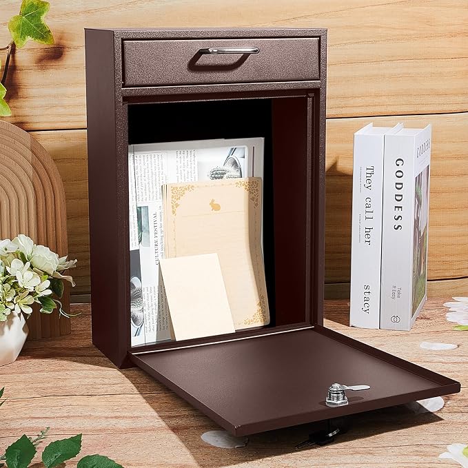 Yaocom Locking Mailbox with Key for Outdoor 16.2 x 11.2 x 4.7 Inches Large Wall Mount Mail Box with Lock Security Mail Drop Metal Collection Boxes Hanging Secure Postbox(Brown)