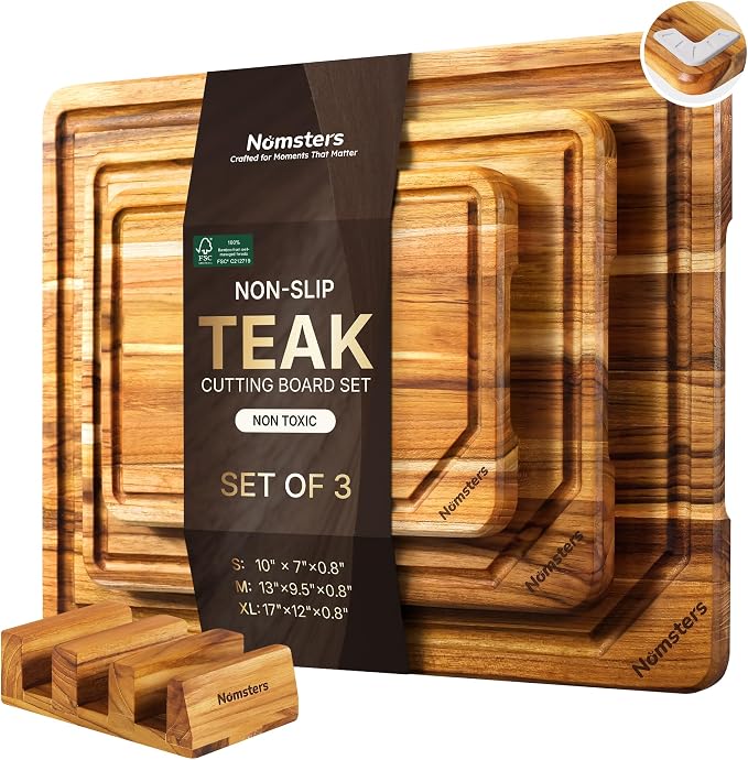3 Pack Teak Wood Cutting Boards for Kitchen Wood Charcuterie Board Non Slip | Heavy Duty, with Holder, Non Toxic, Serving, Hardwood, Over Sink, Thick Wooden Chopping Board, Best Essential Gift, Fruit