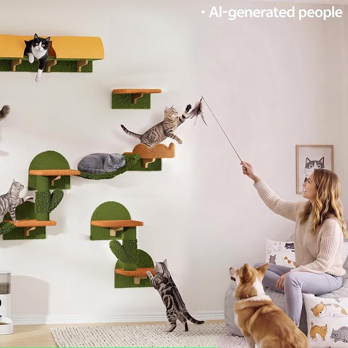 Cactus Floor to Ceiling Cat Tower, 17-in-1 Cat Wall Shelves, Green | Cat Tree with Adjustable Height(87-104 IN), Cat Climbing Wall Furniture Set for 16 Inch Drywall, with Scratching Post, Tunnel