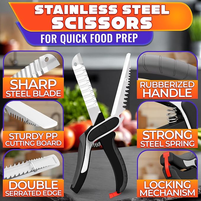 7-in-1 Cutting Board Scissors for Food with Ribbed Blades & Chopping Board | Heavy Duty Vegetable Scissors Food Cutter, Spring Assist, Safety Lock, Dishwasher Safe, Suitable for Meat & Vegetables