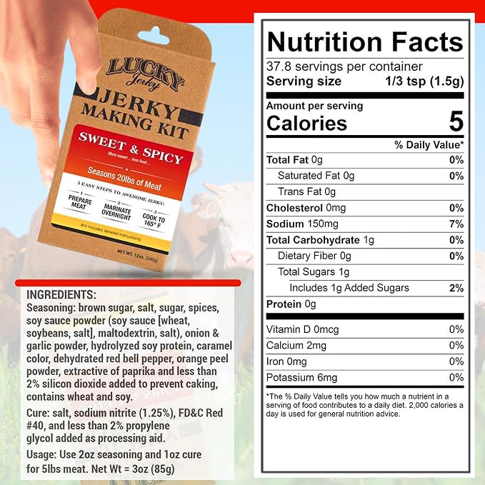 Lucky Jerky DIY Beef Jerky Seasoning and Cure Kit, 6 Flavors, 72 Oz | Make Your Own with Sweet and Spicy, Peppered, Red Pepper, Teriyaki, BBQ, and Original, Seasons 120lbs of Meat