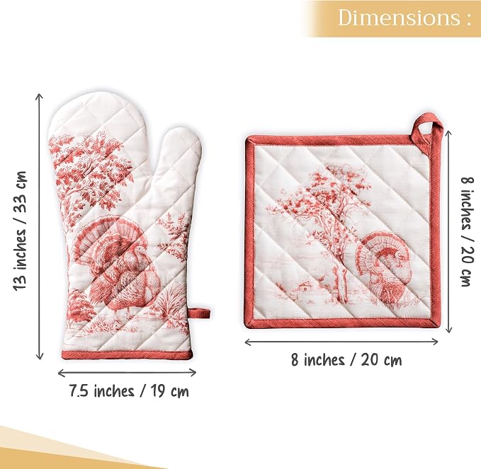 Maison d' Hermine 100% Cotton Oven Mitt & Pot Holder Set (7.5"x13" & 8"x8") | Heat Resistant BBQ Cooking Gloves with Loop Baking Grilling Kitchen Home Farmhouse Thanksgiving Christmas - Holy Jouy - Red