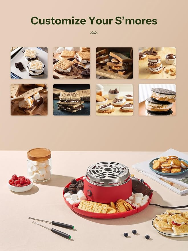 S'mores Maker Tabletop Indoor, Reemix Flameless Electric Marshmallow Roaster with 4 Detachable Trays & 6 Roasting Forks, Gift Set & Date Night Idea, Red
