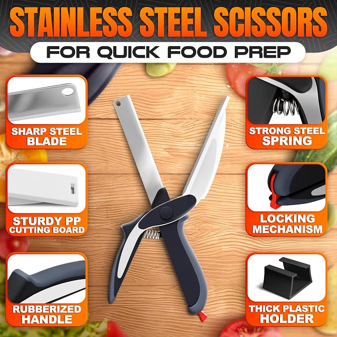 9.6" Cutting Board Scissors for Food with Stainless Steel Blade | 2 in 1 Kitchen Scissors for Food with Detachable Cutting Board; Cuts Veggies, Fruits, and Meat; Dishwasher Safe; Safety Lock